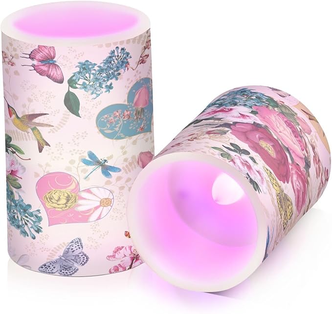 Beautiful Spring Flowers Butterflies Hummingbirds Flickering Flameless Candles Battery Operated with Remote Timer,Tea Light Candles LED Pillar Votive Candles set of 2 for Outdoor Indoor Decorations