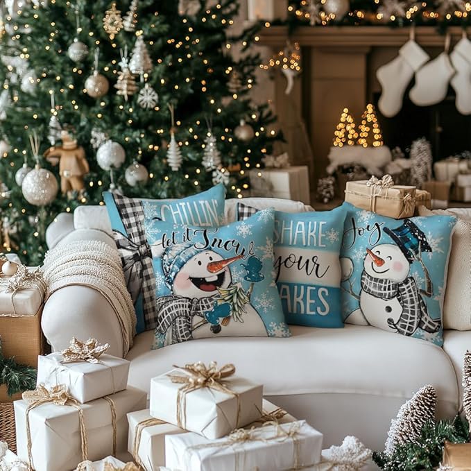GEEORY Winter Chillin' with My Snowmies Throw Pillow Covers 18x18 Inch Set of 4, Snowmen Let it Snow Shake Your Flakes Blue Holiday Farmhouse Decorative Cushion Cases for Home Decoration G640-18