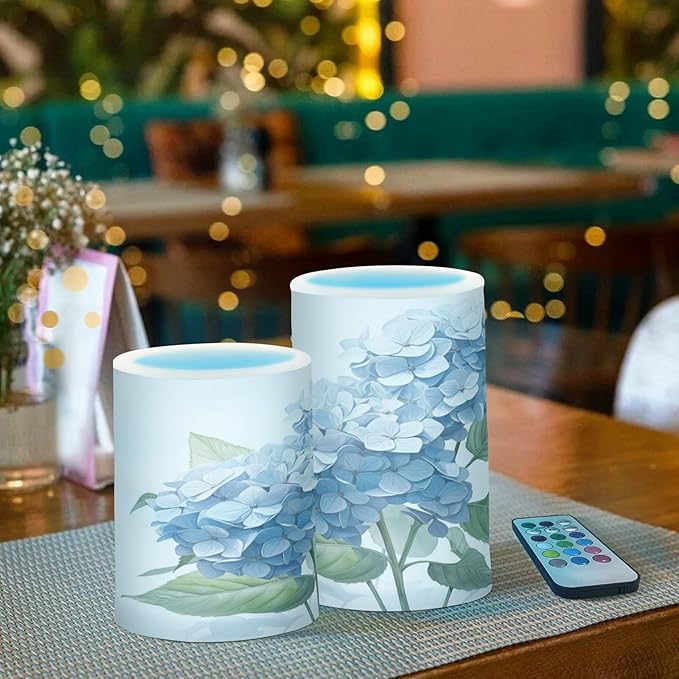 ALAZA Blue Hydrangea Flowers Flickering Flameless Candles Battery Operated with Remote Timer,Tea Light Candles LED Pillar Votive Candles Set of 2 for Outdoor Indoor Decorations