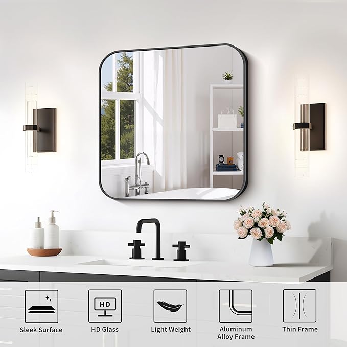 FORBATH Bathroom Mirror for Over Sink 24x24 Inch Black, Square Wall Mirror with Metal Frame, Rounded Corners for Bathroom, Bedroom, Entryway Décor