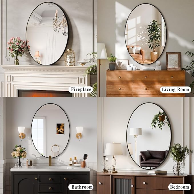 26"x38" Oval Bathroom Mirror with Black Metal Frame - Hanging or Leaning Oval Wall Mirror for Bathroom, Bedroom, Living Room, Entryway