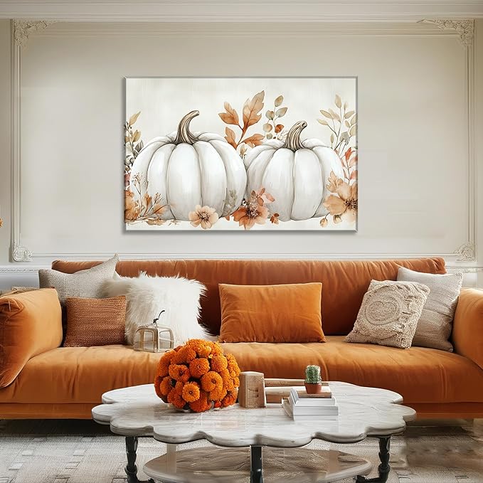 Fall Canvas Wall Art White Pumpkin Picture Wall Decor Maple Leaf Prints Autumn Harvest Thanksgiving Vintage Painting for Home Decor Framed(Picture-2,12.00"x18.00")