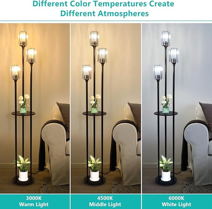 HMVPL Crystal Floor Lamp with Shelves, Modern Floor Lamps for Living Room, 3-Light Standing Lamps with Table, Black Tall Lamp with Crystal Shade, On/Off Foot Switch, Corner Floor Lamp for Bedroom