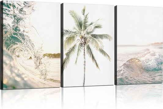 3pcs Framed Beach Ocean Waves and Palm Trees Coastal Seascape Wall Art Decor Canvas Print Picture Poster Gallery Bedroom Living Room Studio 16x24 inches Ready to Hang