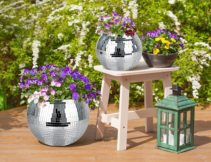 Disco Ball Planter, 1pcs 9” Silver Disco Ball Planter, Disco Ball Plant Hanger with Hanging Rope, Hanging Chain, Hook, Circle and Extra Mirror Pieces(9" Silver, 1pcs)