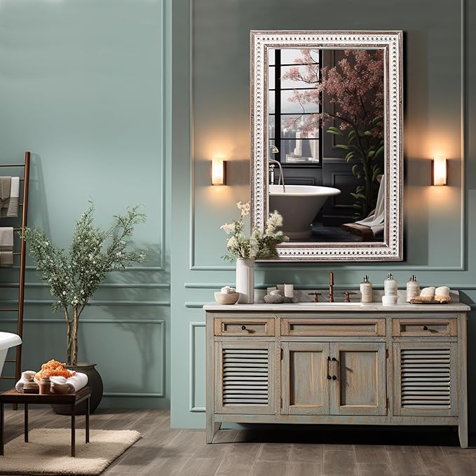 35x23 Inch Boho Wooden Rectangle Wall Mirror, Rustic Farmhouse Rectangular Mirrors for Bathroom, Bedroom, Living Room, Entryway Decorative - Vertical or Horizontal Hanging