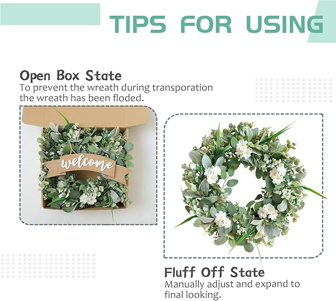 24 Inch Spring Everyday Lamb Ear Green Leaves Wreath for Front Door, Artificial Boxwood Leaves White Wild Flower Wreath for Indoor Outdoor, Welcome Wood Sign Flower