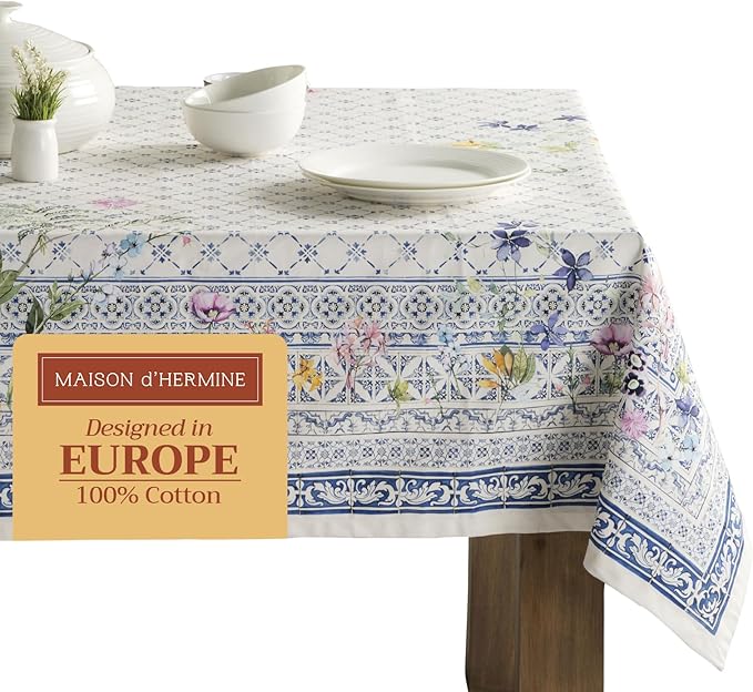 Maison d' Hermine Table Cloth Rectangle Table 100% Cotton 60 x 90 Inches Tablecloth Reusable Decorative Everyday Use for Dining Room, Farmhouse, Home, Party, Festive & Wedding Spring Summer - Faience
