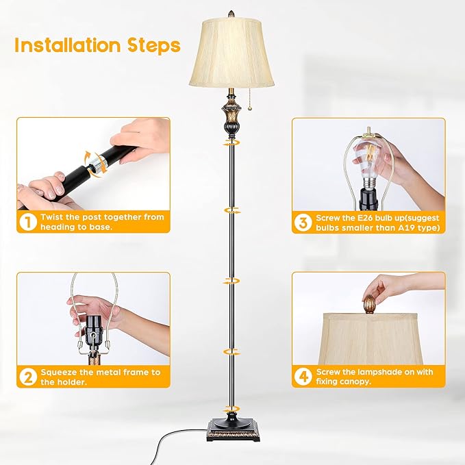 TOBUSA Traditional Floor Lamp, Classic Standing Lamp with Bronze Fabric Shade, Vintage Elegant Tall Pole Lamp for Living Room Bedroom Office Reading, Rustic Upright Floor Lights, Pull Chain Switch