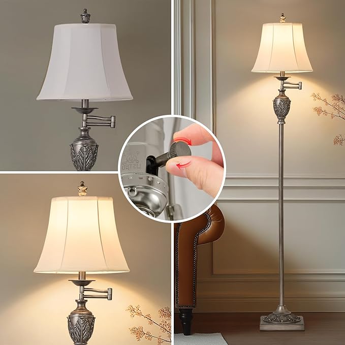 Traditional LED Floor Lamp with 350° Adjustable Swing Arm Lamp – Vintage Standing Pole lamp for Living Room, Bedroom and Office – Rustic Upright Floor Light for Home Décor with Silk Fabric Shade