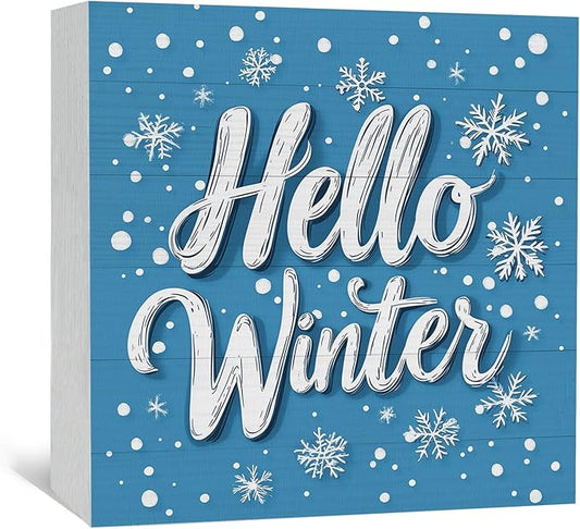 Hello Winter Sign, Blue Winter Snowflake Wooden Box Sign, Blue Christmas Decorations, Farmhouse Christmas Wood Signs for Home Office Desk Table Shelf Decor, 5x5 Inch