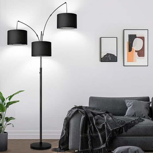 Dimmable Floor Lamp - 3 Lights Arc Floor Lamps for Living Room, 1000LM Modern Tall Standing Lamp With Black Shades & Heavy Base, Mid Century Tree Floor Lamp for Bedroom Office, 3 LED Bulbs Included