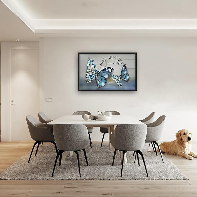 Lovira Blue Butterfly Large Wall Art Just Breathe Canvas Wall Decor Pictures Prints Painting Framed Artwork for Living Room Bedroom Bathroom Kitchen Office 24"x36"