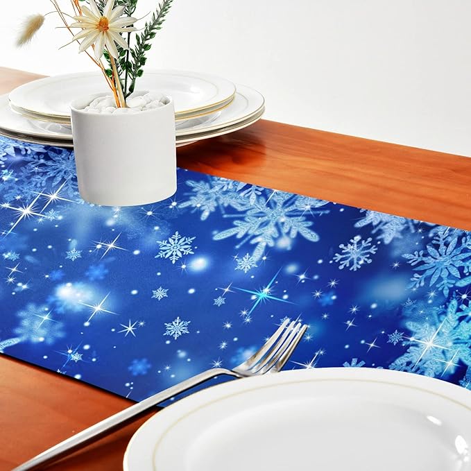 ALAZA Double-Sided Blue Winter Christmas Glitter Snowflakes Table Runner 18x72 Inches Long,Table Cloth Runner for Wedding Birthday Party Kitchen Dining Home Everyday Decor