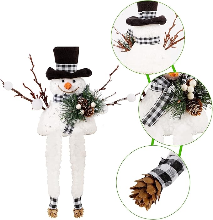 Lulu Home Christmas Snowman Decorations, Set of 2 Plush Shelf Sitters with Dangling Legs, Buffalo Checked Christmas Snowman Ornaments for Table Mantel Desk Fireplace Home Holiday Decor