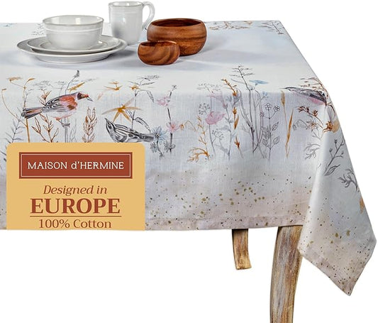 Maison d' Hermine Table Cloth Rectangle Table 100% Cotton 60 x 90 Inches Tablecloth Reusable for Dining Room, Farmhouse, Home, Party, Festive & Wedding Spring Summer - Meadow Florals - Beige