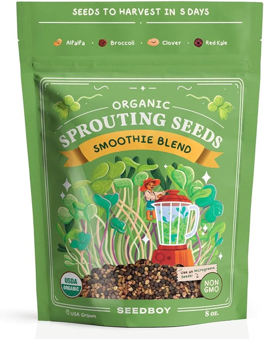 Organic Sprouting Seeds - Smoothie Blend - Non-GMO, USA Grown Microgreens Mix - Alfalfa, Broccoli, Clover, Red Kale - Makes 8 Quarts of Sprouts, 24 Servings (8 oz) (Smoothie Blend)