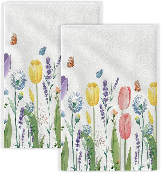 Spring Floral Kitchen Towels Dish Towels 16x24 Inch, Tulip Lavender Flower Decorative Hand Towels Set of 2 Holiday Seasonal Decoration Absorbent Dish Cloths for Home Kitchen Dining