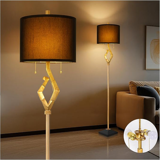 Sculptural Floor Lamp for Living Room Bedroom, 64.5” Pull Chains Standing Lamp, Gold Leaf Finish & Black Faux Silk Lamp Shade, Lighting Brightness Adjustable Lamp with Bulb Prefer for Home Decor