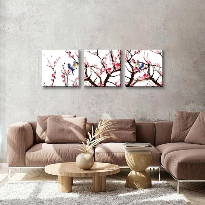 NAN Wind 3PCS Chinese Cherry Blossom Canvas Wall Art Pink Plum Flowers with Blue Birds Wall Decor Asian Oriental Style Artwork Spring Nature Home Decor Living Room Bedroom Decoration Ready to Hang