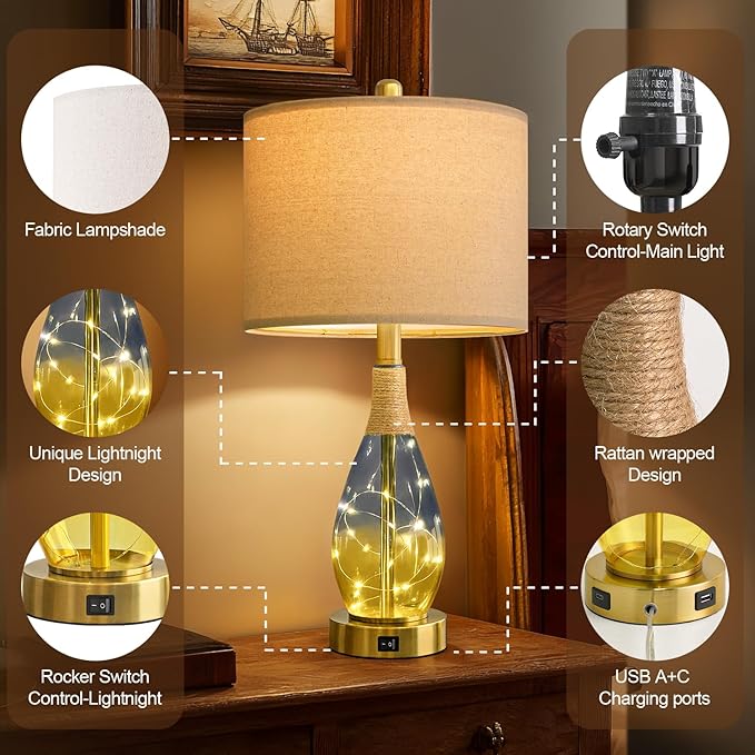 OYEARS 23" Table Lamps for Living Room Set of 2,Bedside Lamps for Night Stands, Rattan Lamps for Bedroom,Farmhouse Lamps with Glass Nightlight,Two Light Points