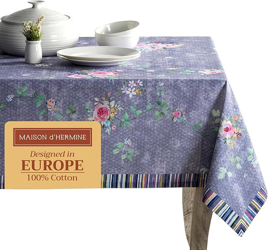 Maison d' Hermine Table Cloth Square Table 100% Cotton 54 x 54 Inches Tablecloth Reusable for Dining Room, Farmhouse, Home Party, Festive & Wedding Spring Summer - Sweet Rose Lavender - Country Garden