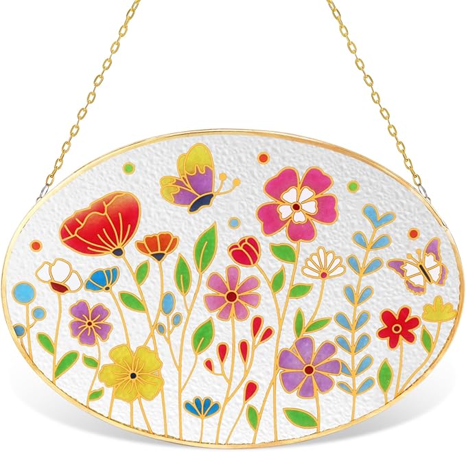 Tuitessine Wild Flower Stained Glass Suncatcher Colorful Flowers Window Wall Hanging Ornament Indoor Hand-Painted Glass Panel Spring Decor Mother’s Day Teacher Appreciation Gift 9.5" x 6.7"