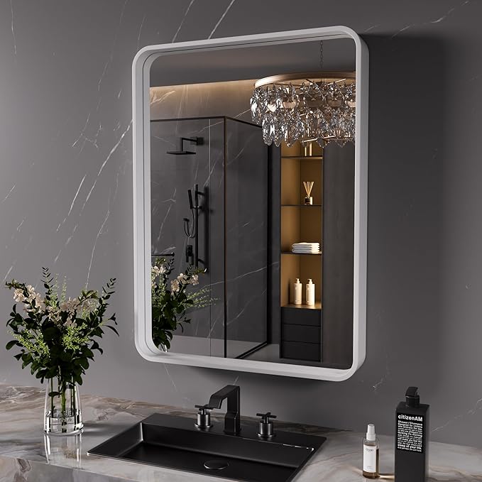 White Bathroom Mirror 24x36 Inch, White Metal Framed Bathroom Mirror for Wall, Rounded Rectangle Matte Bathroom Vanity Mirror, Tempered Glass, Anti-Rust, Horizontal/Vertical