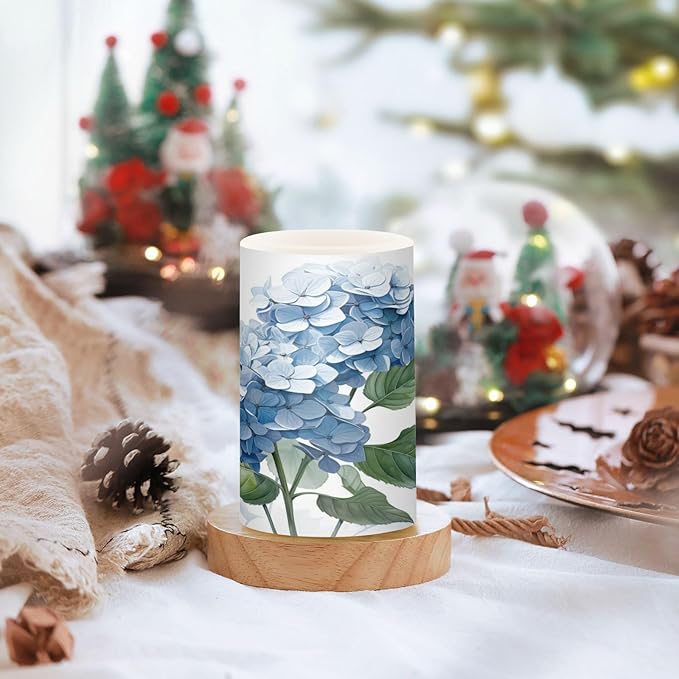 ALAZA Blue Hydrangea Flowers Flickering Flameless Candles Battery Operated with Remote Timer,Tea Light Candles LED Pillar Votive Candles Set of 2 for Outdoor Indoor Decorations