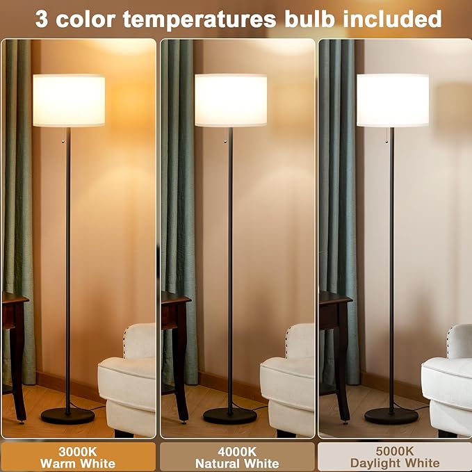 Ambimall Floor Lamps for Living Room with 3 Color Temperatures Bulb & Pull Chain Switch, 60" Modern Standing Floor Lamp for Bedroom Kids Room Study Room（White Shade & Black Pole）