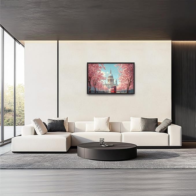 England London Paul’s Cathedral Large Wall Art Cityscape Cherry Blossom Pictures Wall Decor Street Scene Canvas Spring Print Painting Modern Artwork Home Decoration for Living Room Bathroom Bedroom Office Framed 36"x24"