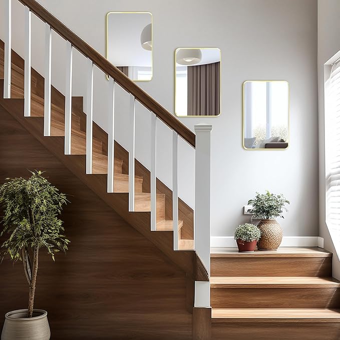 Wall Mount Mirror for Bathroom, Brushed Gold Metal Framed Rounded Corner Rectangular Vanity Mirror (18" x 24", Gold)