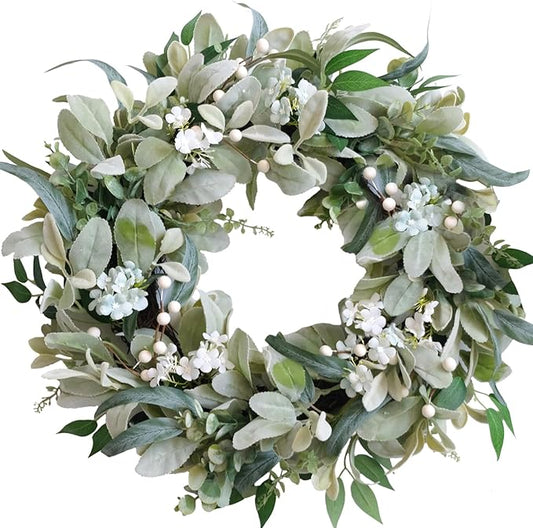 22 Inch Spring Everyday Lamb Ears Leaves Wreath with White Wild Flowers and Berries for Front Door, Welcome Wood Sign Green Leaves Wreath for Indoor Outdoor, Everyday Leaves Home Decor