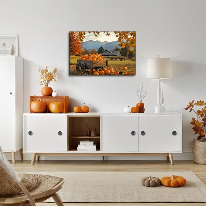 Autumn Wall Art Pumpkin Patch Canvas Prints Rustic Farmhouse Fall Harvest Picture Vintage Painting Artwork for Dining Room Living Room Bedroom Home Halloween Decor(Art-4,28.00"x42.00")