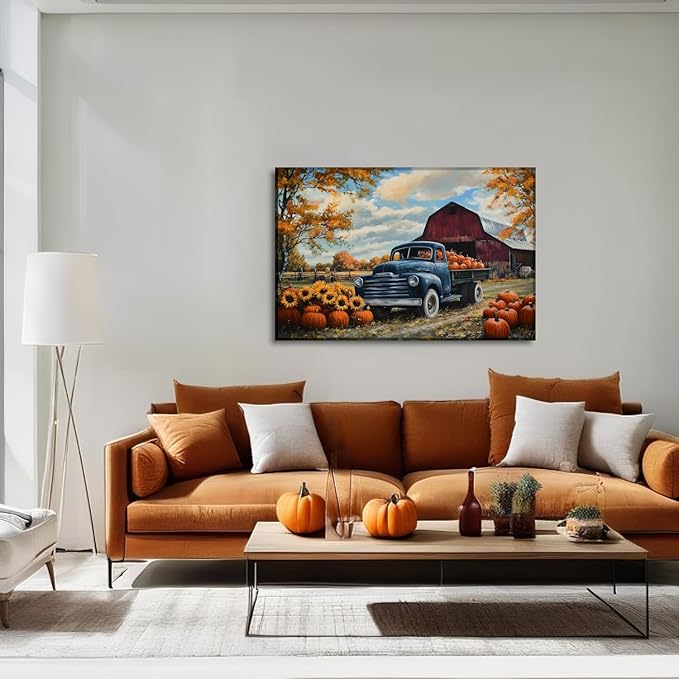 Autumn Wall Art Pumpkin Canvas Wall Decor Rustic Farmhouse Blue Truck Picture Fall Harvest Painting Vintage Artwork for Dining Room Living Room Bedroom Home Halloween Decor(Art-2,24.00"x36.00")