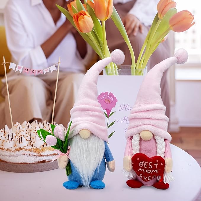 Lovinland Mothers Day Plush Couple Gnomes Decorations for Mom - Best Ever Gifts for Mom Who Have Everything from Daughter Son - Spring Tulips Gnomes Decor