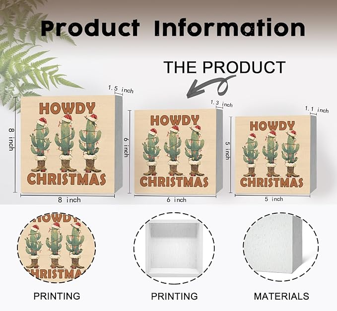 Howdy Christmas Western Cactus Cowgirl Boots Wooden Box Sign, Country Christmas Wood Signs For Home Office Desk Shelf Table Decor, Western Decorations, 6x6 Inch