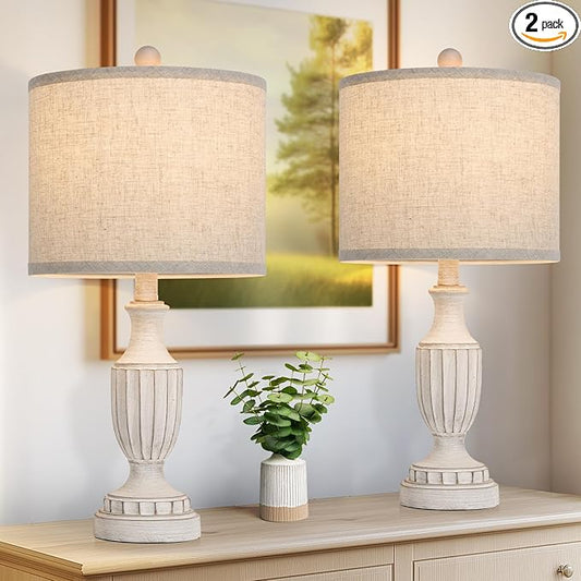 TOBUSA 22“ Farmhouse Table Lamps Set of 2, White Rustic Vintage Table Lamps for Living Room Bedroom, Antique Bedside Desk Lamps with Linen Shade, Traditional Resin Nightstand Lamp Sets for End Table