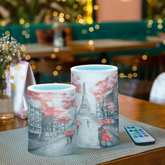 ALAZA France Paris Eiffel Tower Flickering Flameless Candles Valentines Day Battery Operated with Remote Timer,Tea Light Candles LED Pillar Votive Candles Set of 2 for Outdoor Indoor Decorations