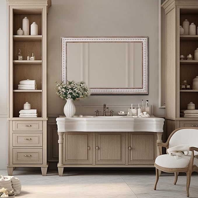 35x23 Inch Boho Wooden Rectangle Wall Mirror, Rustic Farmhouse Rectangular Mirrors for Bathroom, Bedroom, Living Room, Entryway Decorative - Vertical or Horizontal Hanging