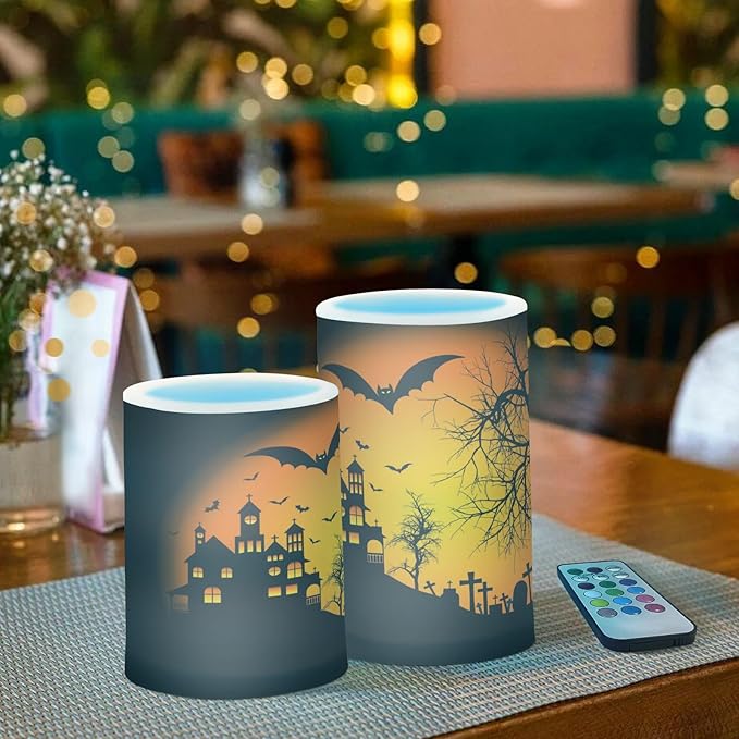 ALAZA Orange Halloween Castle Bat Flickering Flameless Candles Battery Operated with Remote Timer,Tea Light Candles LED Pillar Votive Candles Set of 2 for Outdoor Indoor Decorations 14