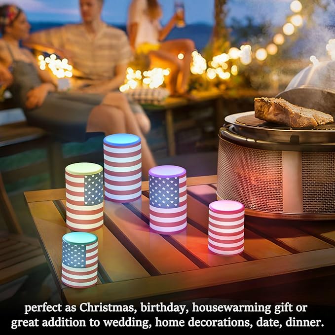 ALAZA US American Flag Independence Day 4th of July Flickering Flameless Candles Battery Operated with Remote Timer,Tea Light Candles LED Pillar Votive Candles Set of 2 for Outdoor Indoor Decorations