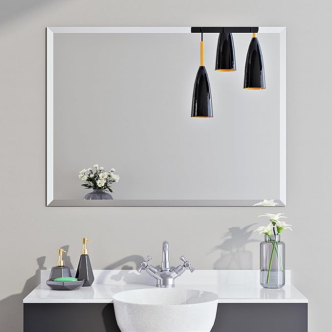 Rectangle Bevelled Frameless Mirror - Wall Mirror 24” x 36”, Shatterproof Modern Bathroom Mirror for Gym, Bathroom Vanity, Entryways with Bevelled Edge, Horizontally or Vertically