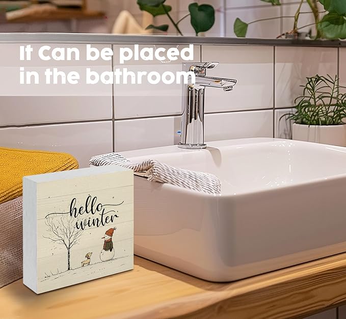 Hello Winter Sign, Winter Decorations for Home, Christmas Snowman Snowflake Wooden Box Sign, Snowman Christmas Wood Signs for Home Office Desk Table Shelf Decor, 5x5 Inch