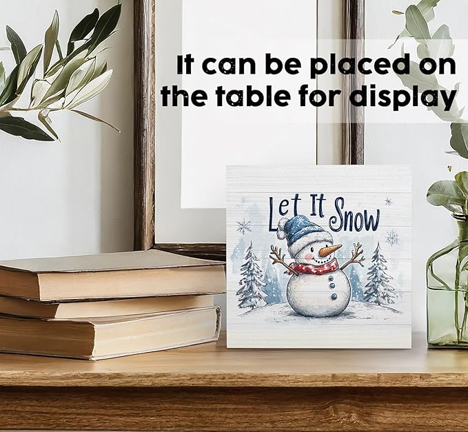 Let It Snow Sign, Christmas Snowman Wooden Box Sign, Farmhouse Winter Wood Signs For Home Office Desk Shelf Table Decor, Snowman Christmas Decorations, Winter Home Decor, 6x6 Inch