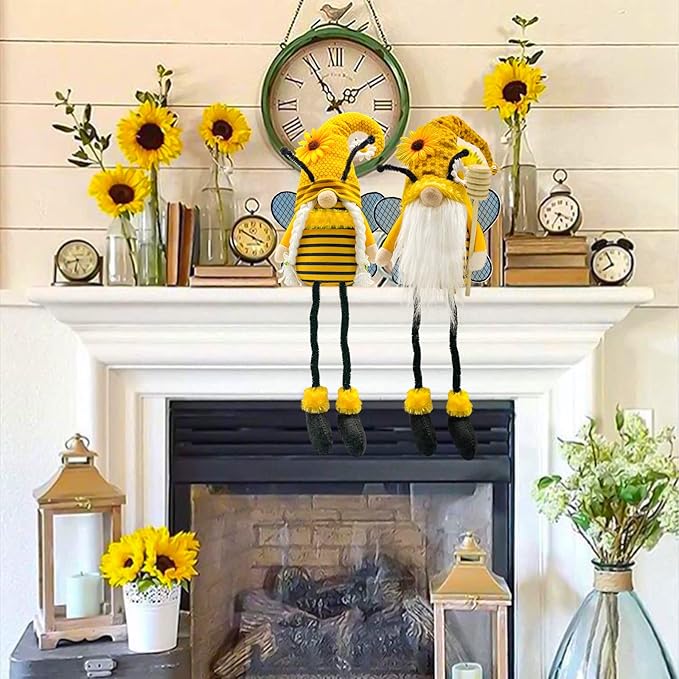 Lovinland Spring Decorations for Home - Honey Bumble Bee Sunflower Plush Stuffed Gnomes Doll - Summer Gnome Gifts for Women - Bee Decor Indoor