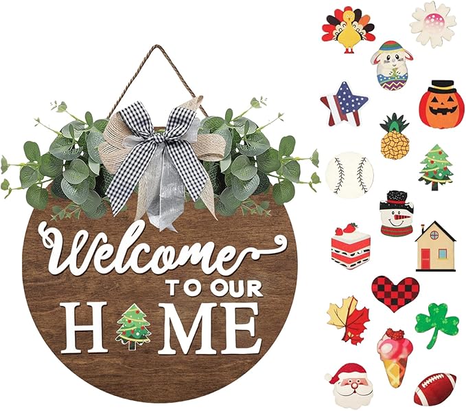 Interchangeable Welcome Sign for Front Door Decoration Rustic Round Wood Wreaths Wall Hanging Farmhouse Porch Decoration Seasonal Wooden Home Sign Home Decoration