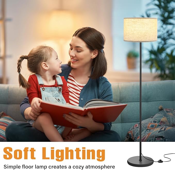 Ambimall 60'' Modern Floor Lamp with Shade, Tall Lamps for Living Room, Bedroom, Office, Dining Room, Beige Shade with Black Pole(Without Bulb)