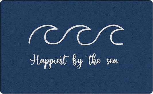 Navy Blue Beach Door Mat, Coastal Beach Welcome Mats for Front Door, Happiest by The Sea Nautical Doormat Indoor Outdoor Entrance Outside Inside Entryway, 17x30 Inch