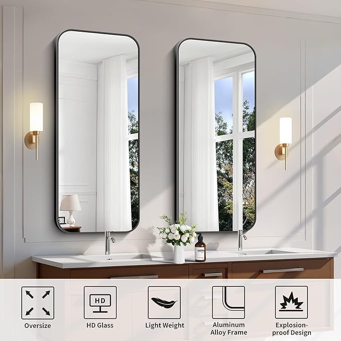 FORBATH Bathroom Mirror 20" x 48", Rectangle Black Bathroom Mirror with Black Aluminum Frame Rounded Corner, Wall Mounted Mirror for Bedroom Entryway Living Room